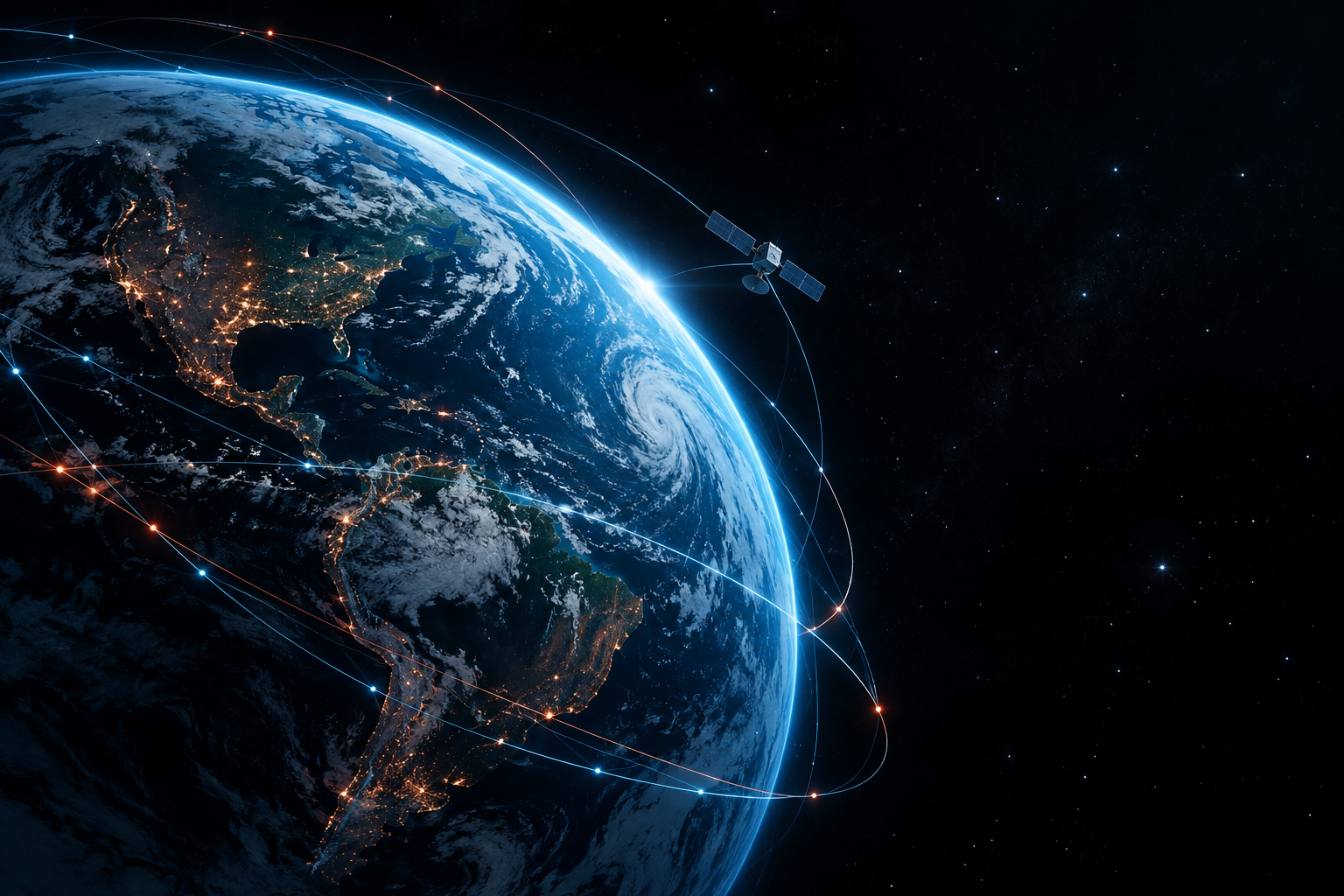 Planeta conectado por órbitas y satélite